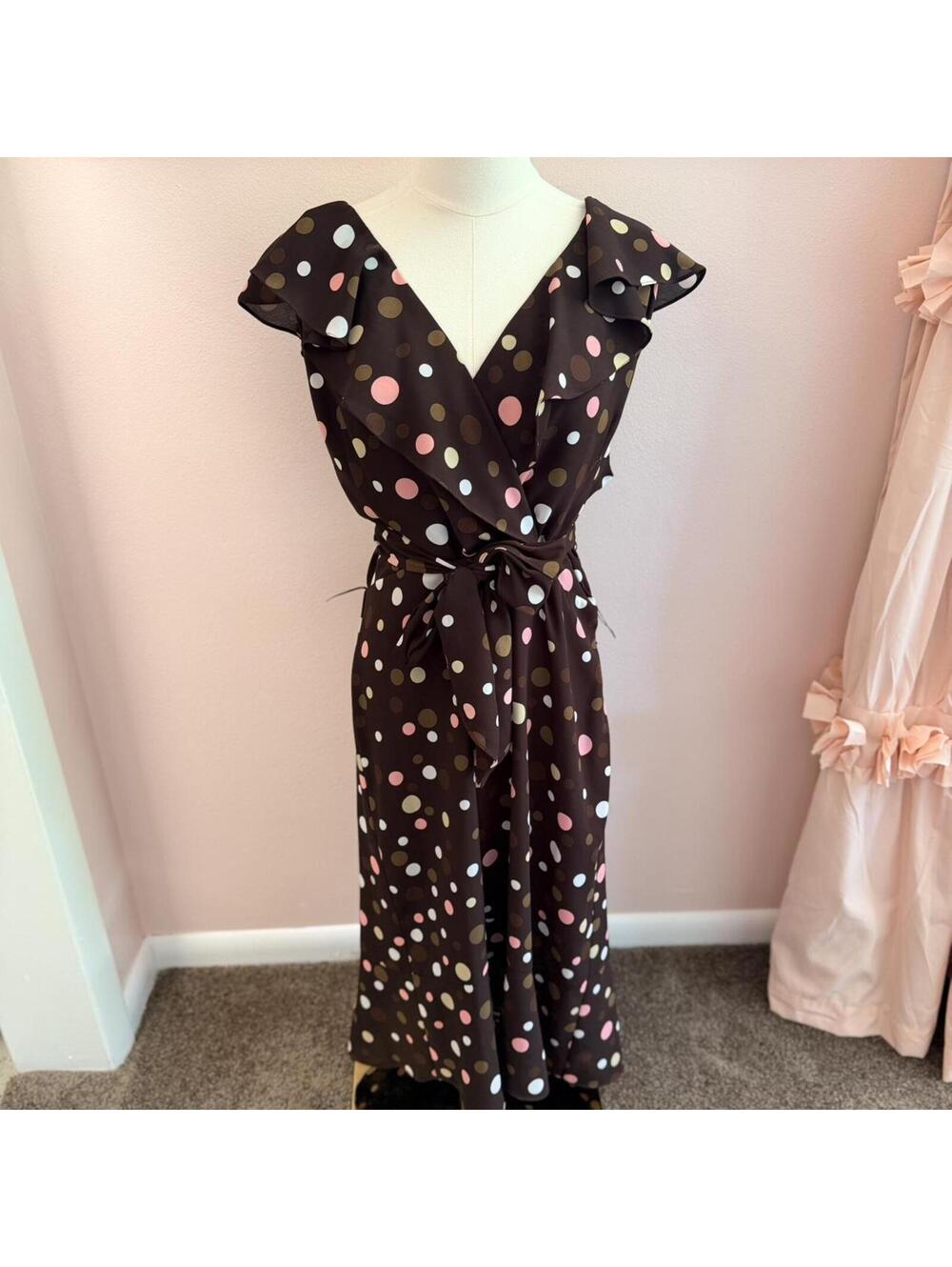 S.L. Fashions brown polka dot ruffle wrap dress size 18